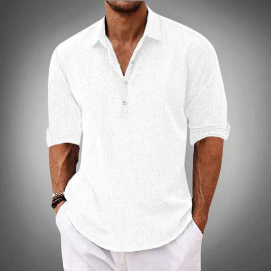 Men's Long Sleeve Polo Shirt with Collar and Button Placket