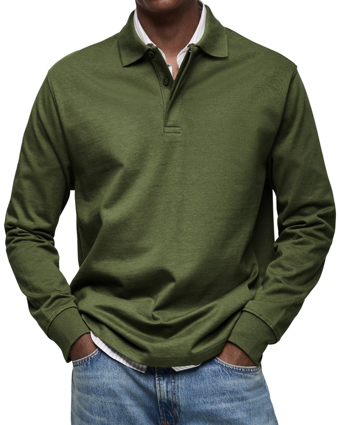 Men's Long Sleeve Polo Shirt with Fold-Over Collar and Button Placket