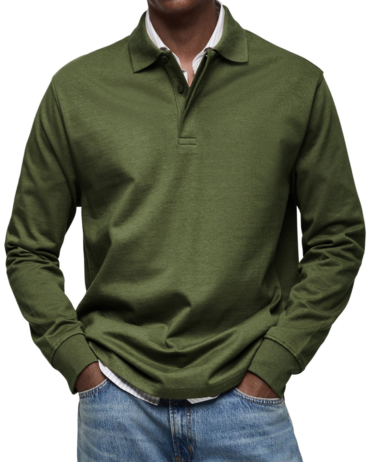 Men's Long Sleeve Polo Shirt with Fold-Over Collar and Button Placket
