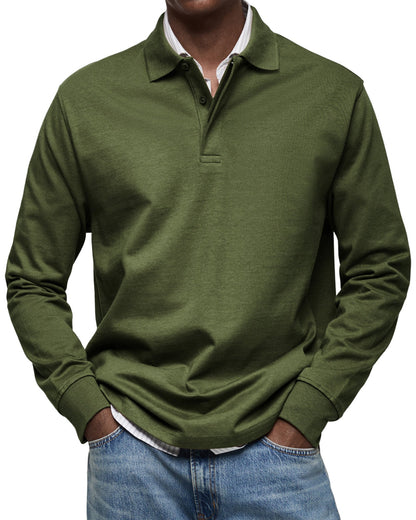 Men's Long Sleeve Polo Shirt with Fold-Over Collar and Button Placket