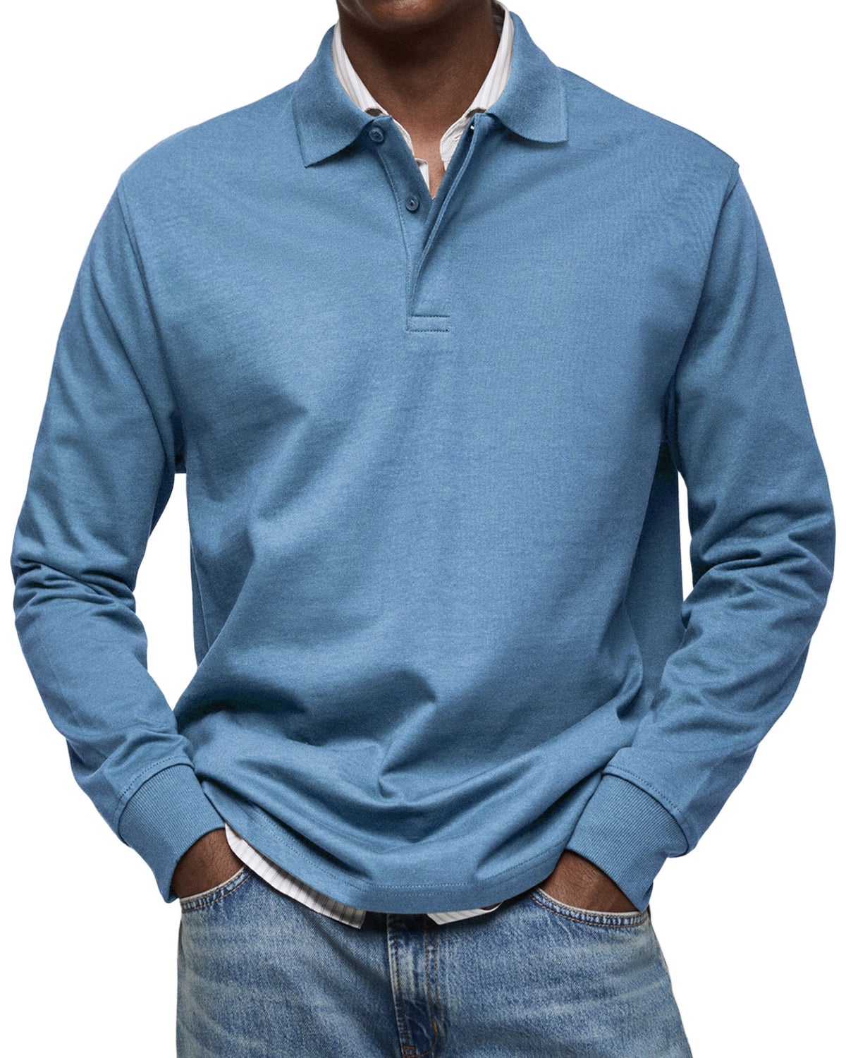 Men's Long Sleeve Polo Shirt with Fold-Over Collar and Button Placket