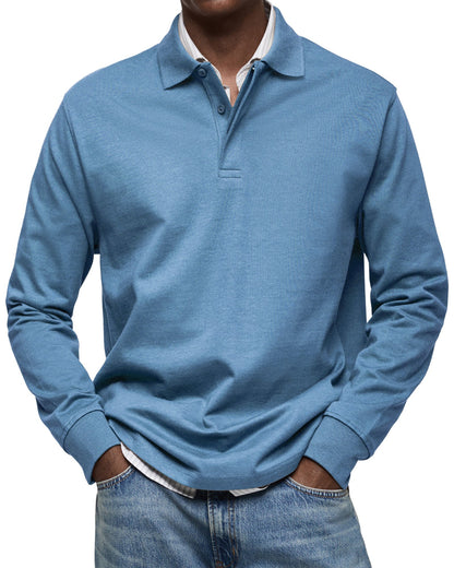 Men's Long Sleeve Polo Shirt with Fold-Over Collar and Button Placket
