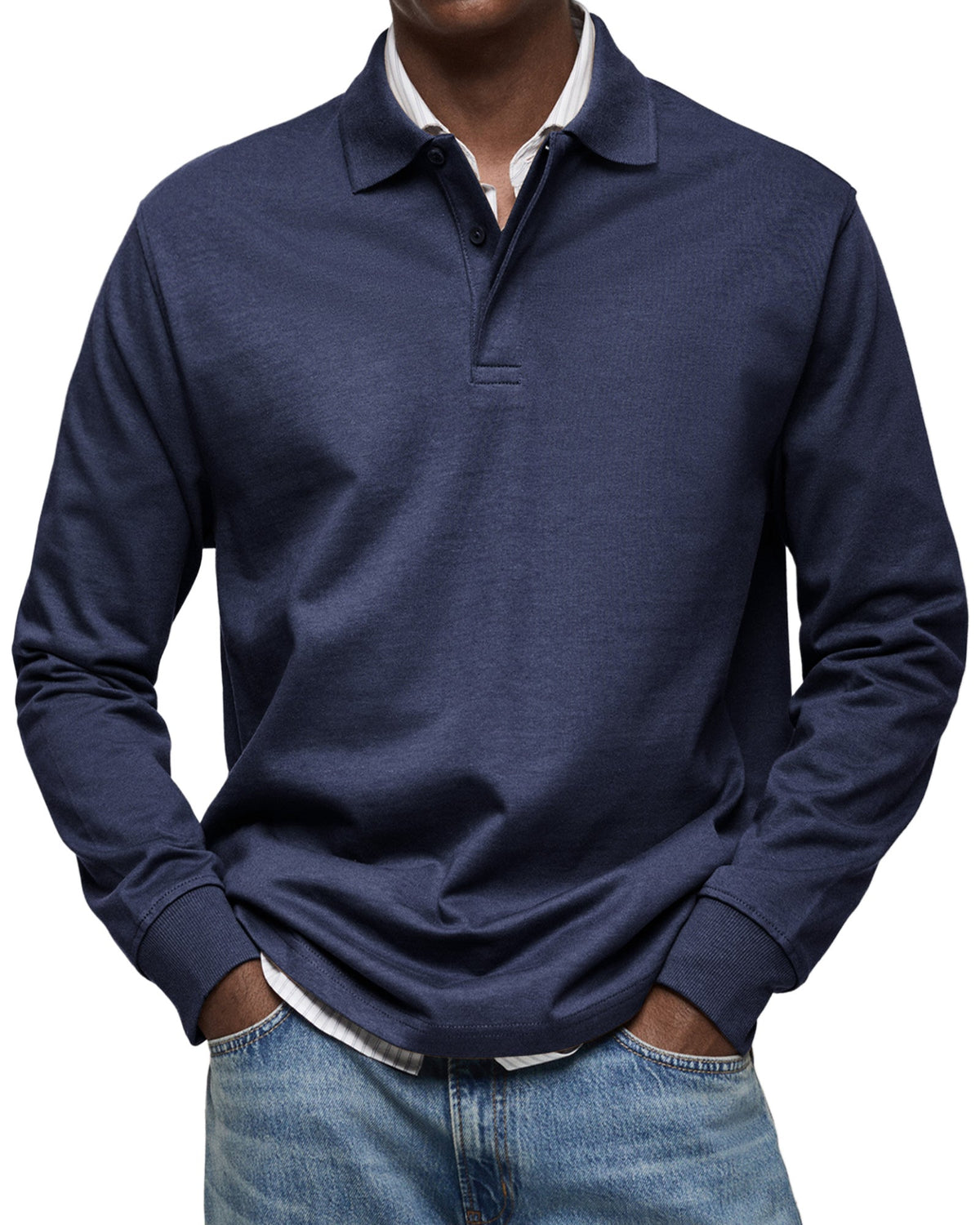 Men's Long Sleeve Polo Shirt with Fold-Over Collar and Button Placket