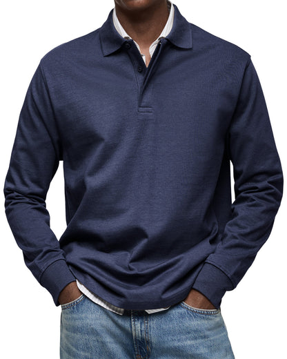 Men's Long Sleeve Polo Shirt with Fold-Over Collar and Button Placket