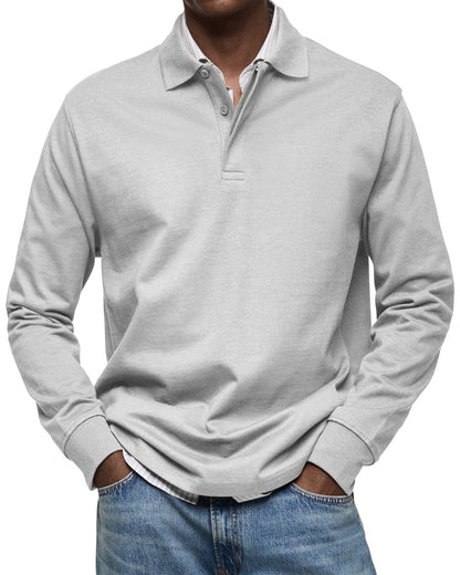 Men's Long Sleeve Polo Shirt with Fold-Over Collar and Button Placket