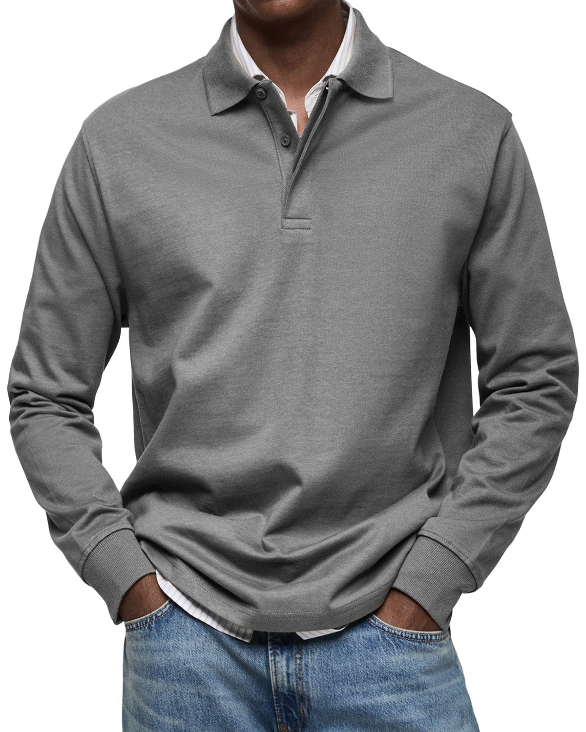 Men's Long Sleeve Polo Shirt with Fold-Over Collar and Button Placket