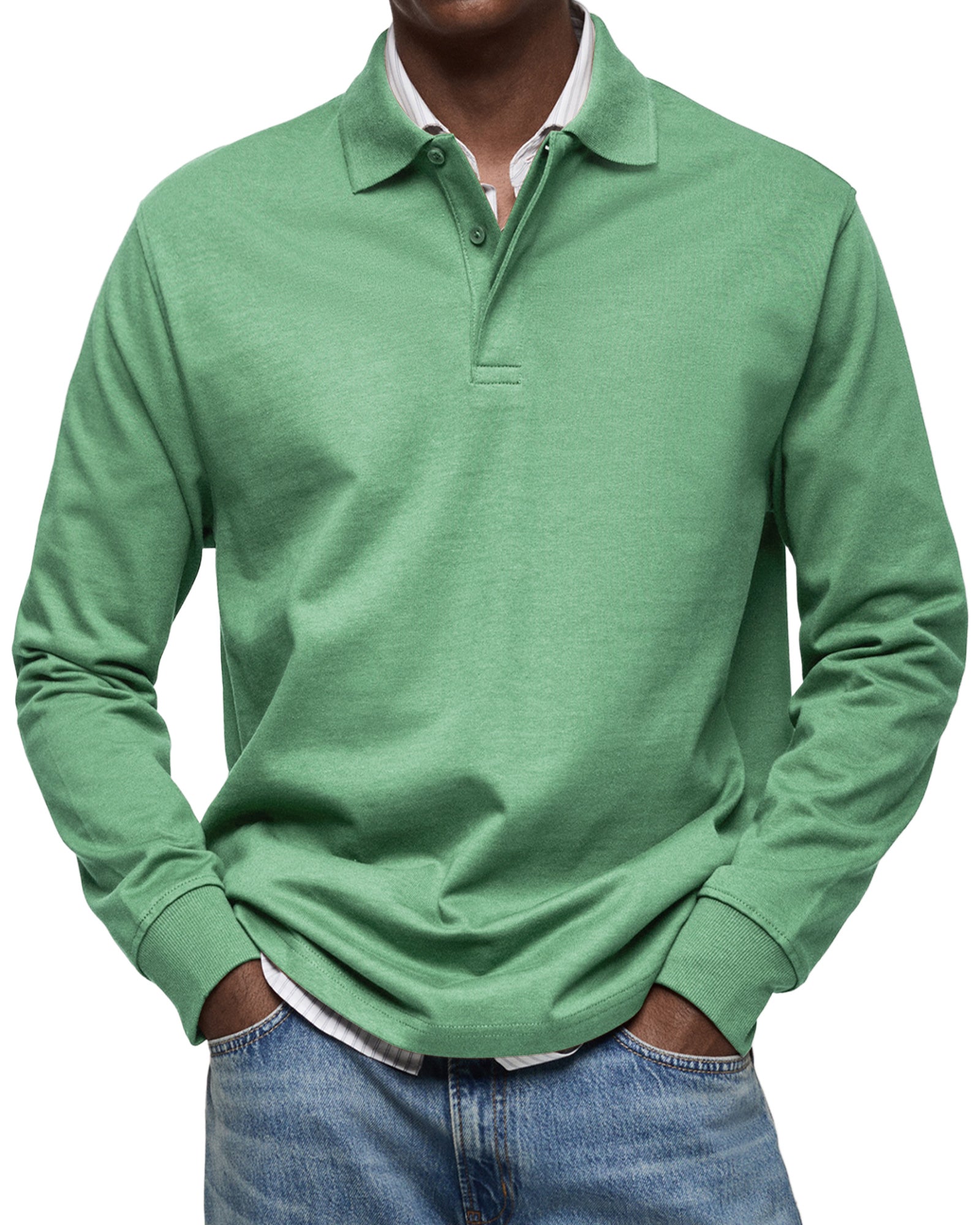 Men's Long Sleeve Polo Shirt with Fold-Over Collar and Button Placket