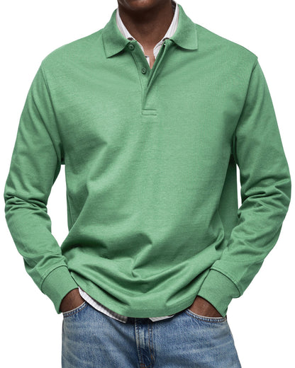 Men's Long Sleeve Polo Shirt with Fold-Over Collar and Button Placket