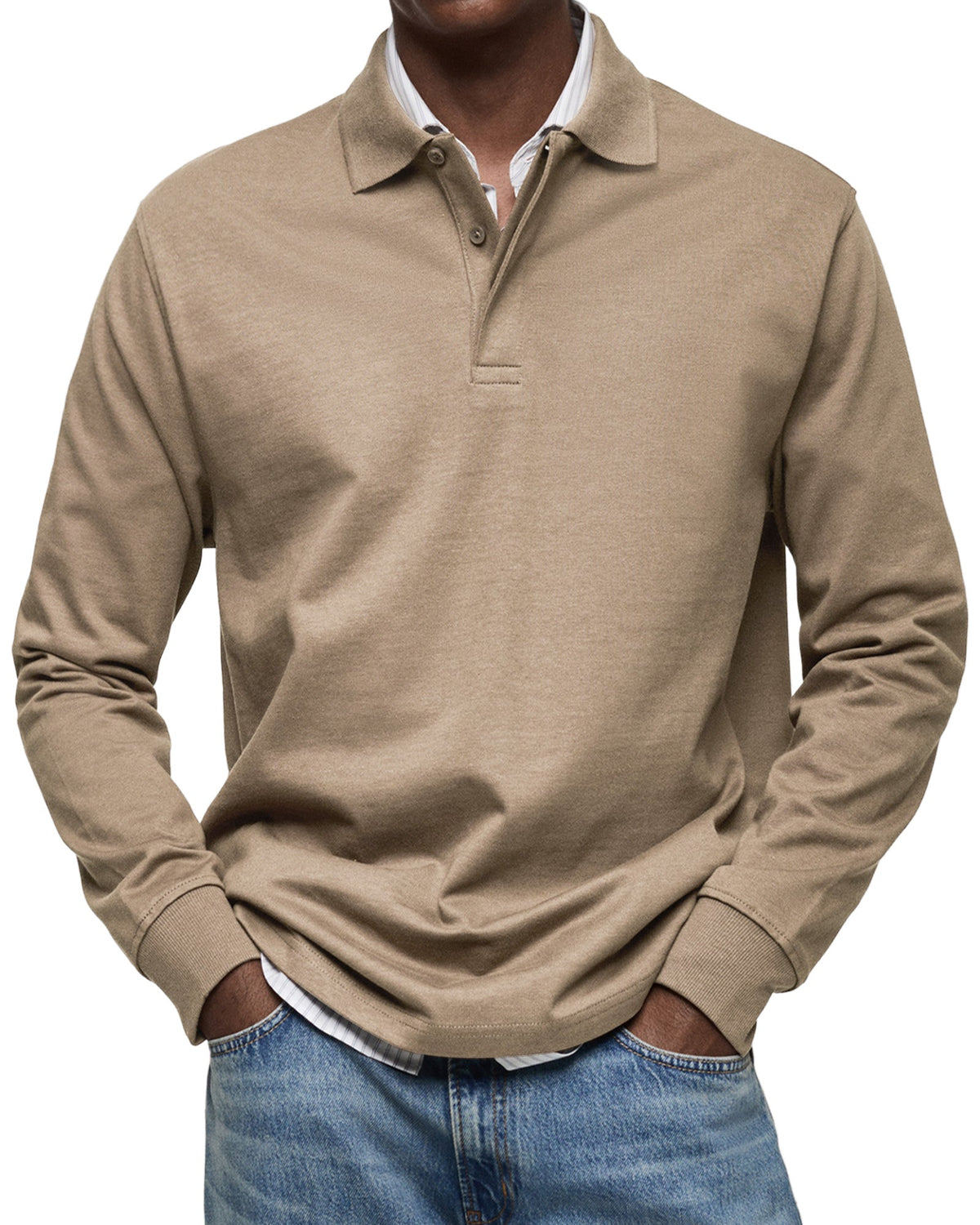 Men's Long Sleeve Polo Shirt with Fold-Over Collar and Button Placket