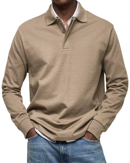 Men's Long Sleeve Polo Shirt with Fold-Over Collar and Button Placket