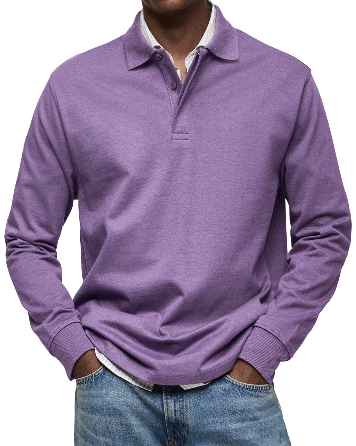 Men's Long Sleeve Polo Shirt with Fold-Over Collar and Button Placket