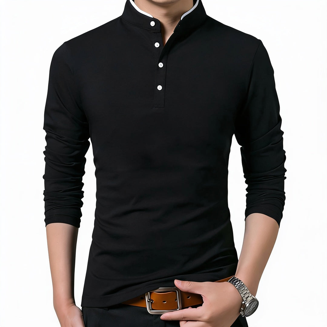 Men's Long Sleeve Polo Shirt with Mandarin Collar Slim Fit