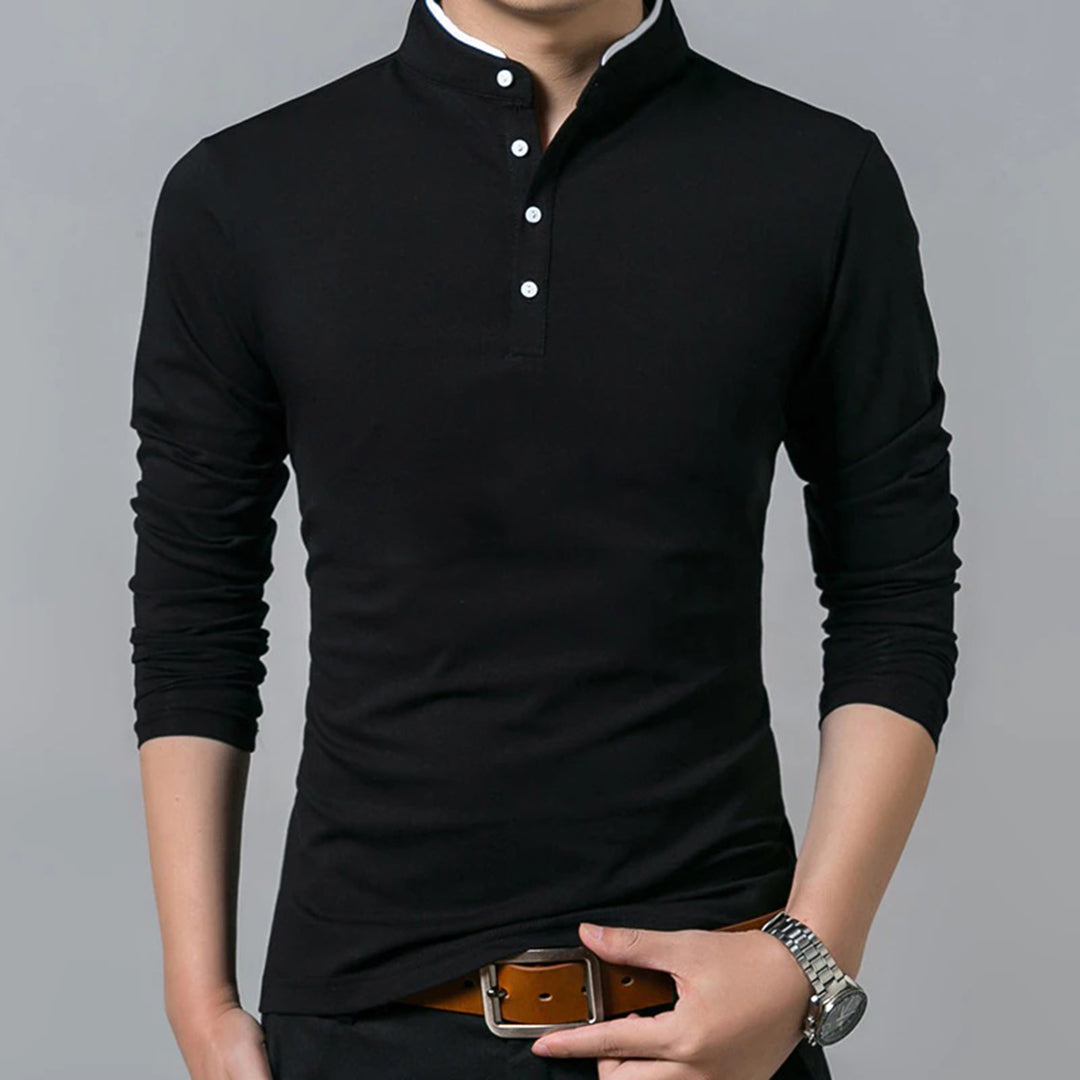 Men's Long Sleeve Polo Shirt with Mandarin Collar Slim Fit