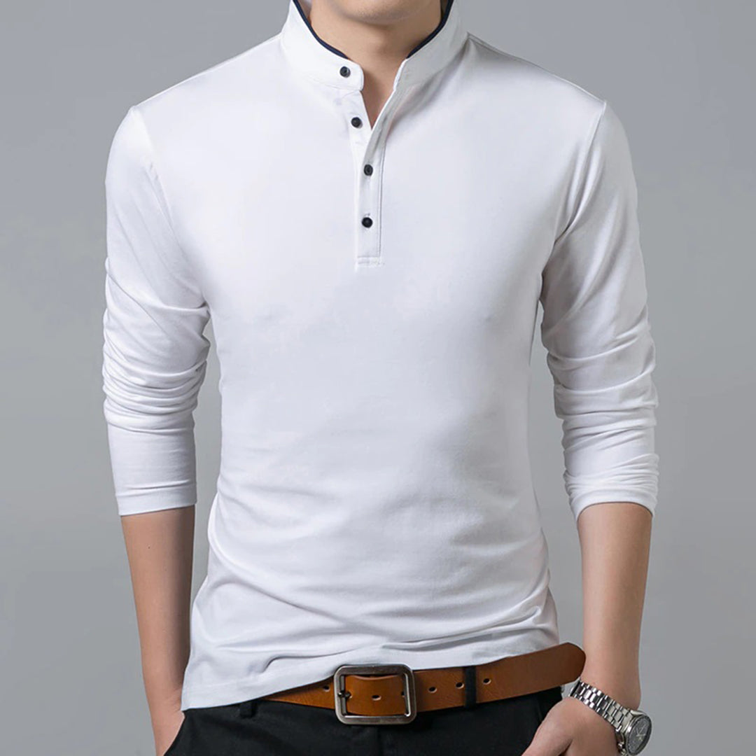 Men's Long Sleeve Polo Shirt with Mandarin Collar Slim Fit