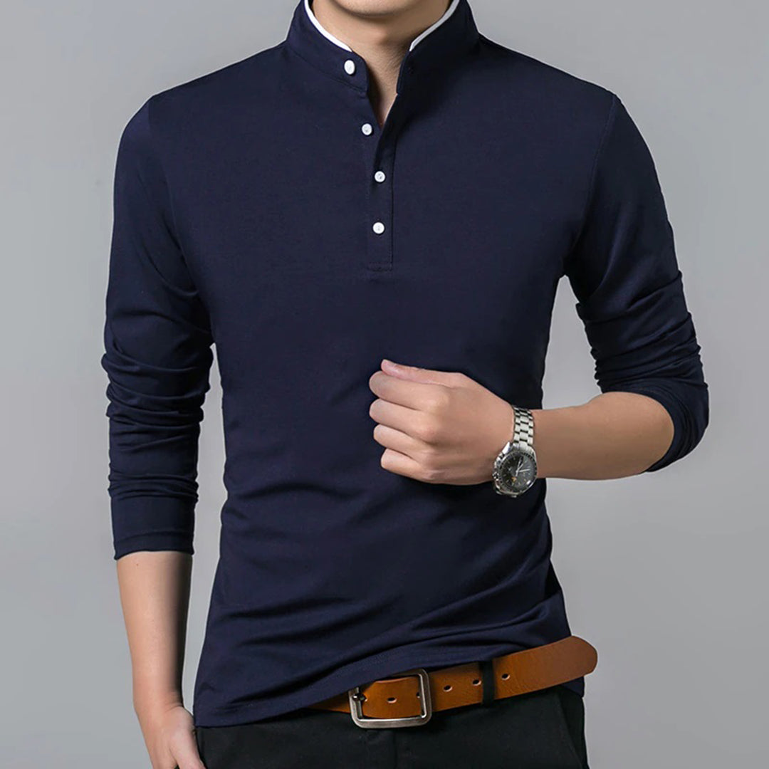 Men's Long Sleeve Polo Shirt with Mandarin Collar Slim Fit