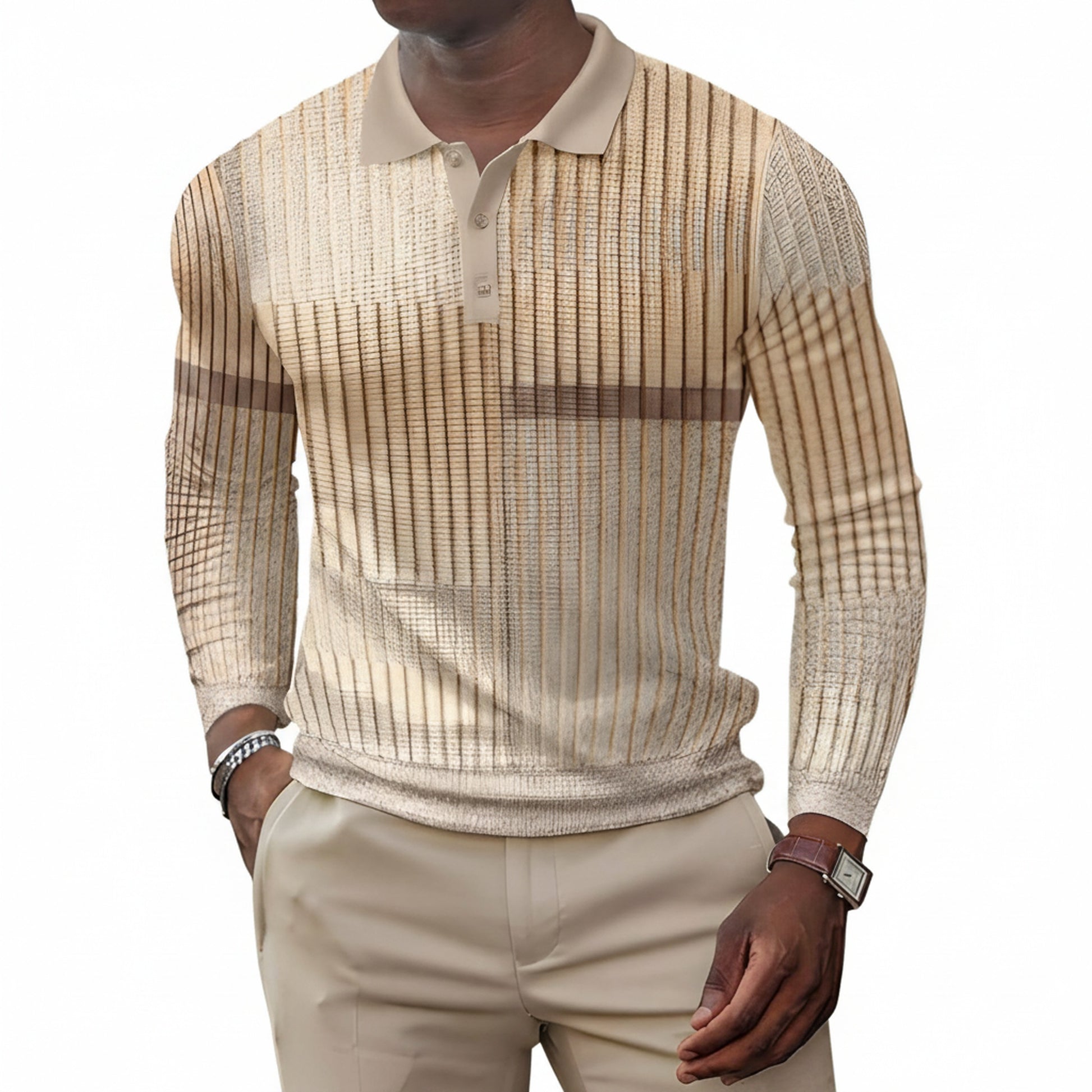 Men's Long Sleeve Polo Shirt with Patchwork Print and Button Collar