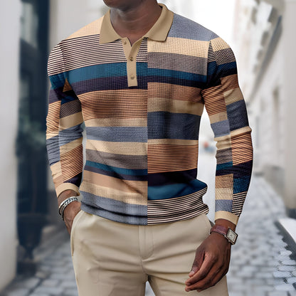 Men's Long Sleeve Polo Shirt with Patchwork Print and Button Collar