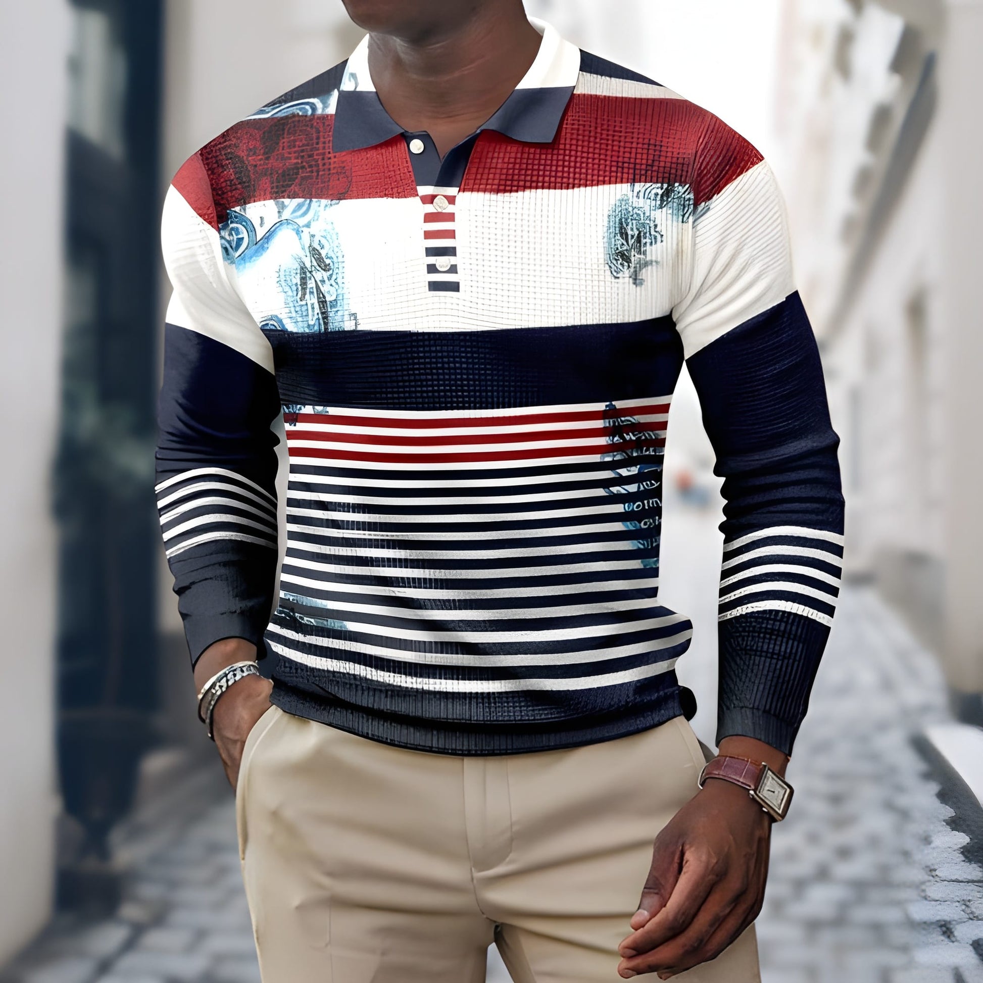 Men's Long Sleeve Polo Shirt with Patchwork Print and Button Collar
