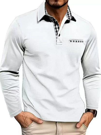 Men's Long Sleeve Polo Shirt with Plaid Collar and Chest Pocket