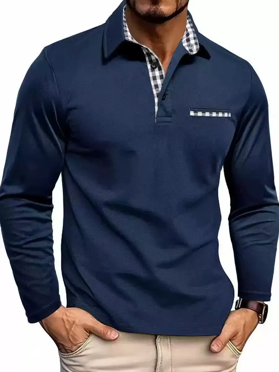 Men's Long Sleeve Polo Shirt with Plaid Collar and Chest Pocket