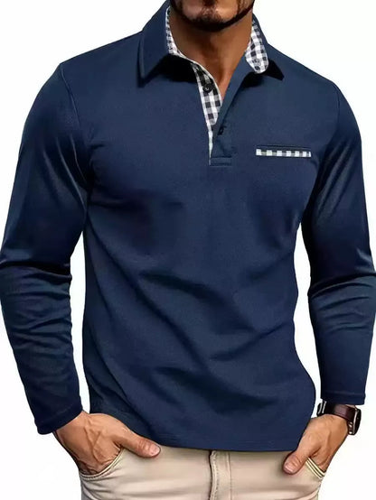 Men's Long Sleeve Polo Shirt with Plaid Collar and Chest Pocket