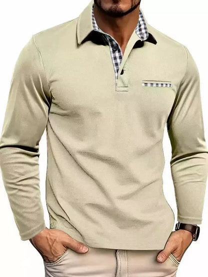 Men's Long Sleeve Polo Shirt with Plaid Collar and Chest Pocket