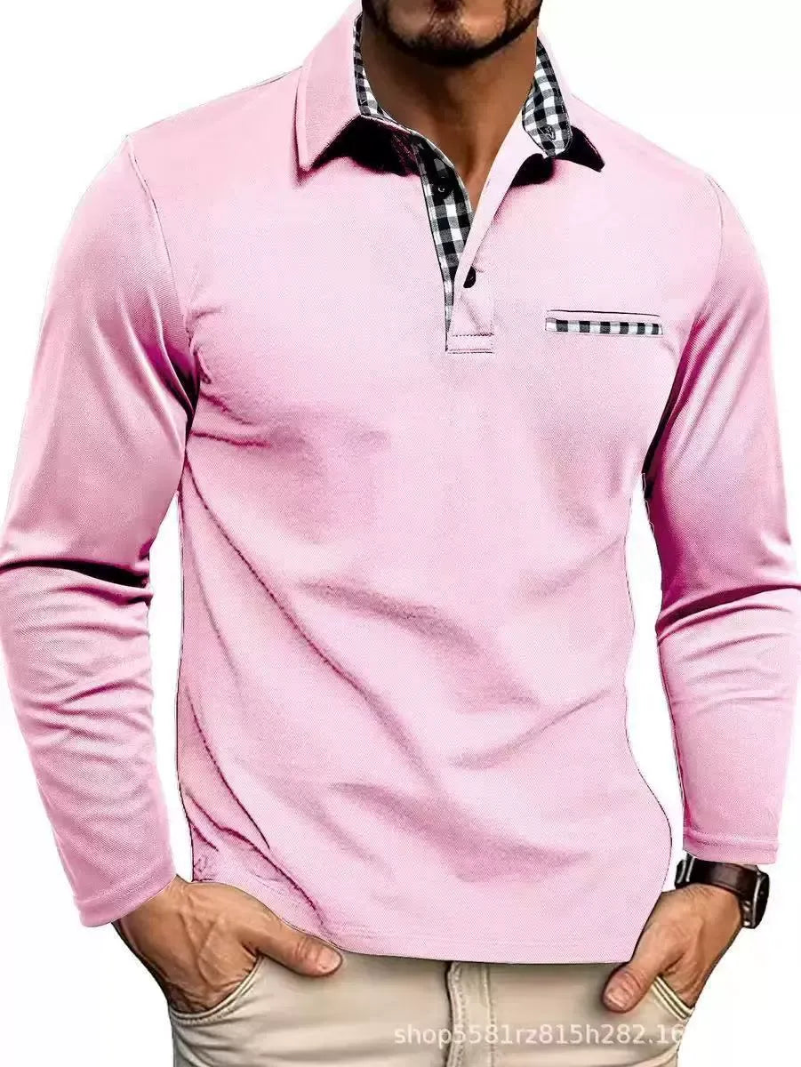 Men's Long Sleeve Polo Shirt with Plaid Collar and Chest Pocket