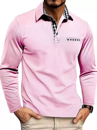 Men's Long Sleeve Polo Shirt with Plaid Collar and Chest Pocket