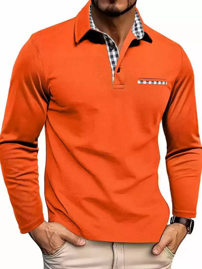 Men's Long Sleeve Polo Shirt with Plaid Collar and Chest Pocket
