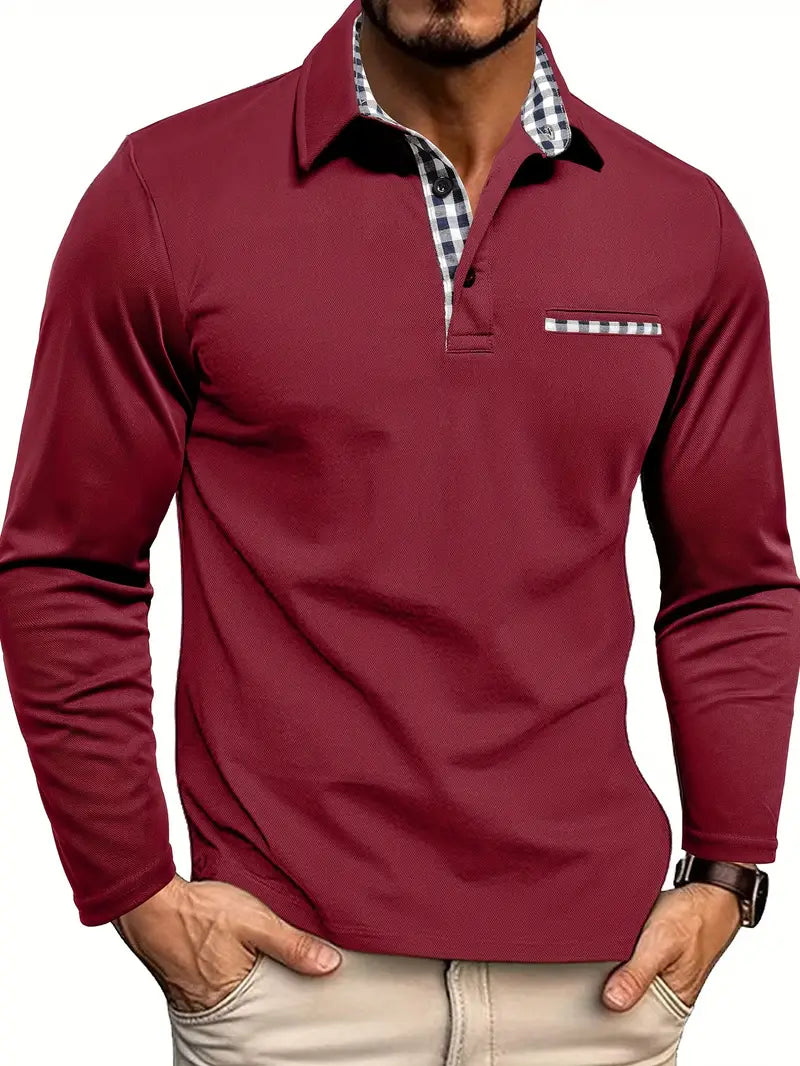 Men's Long Sleeve Polo Shirt with Plaid Collar and Chest Pocket