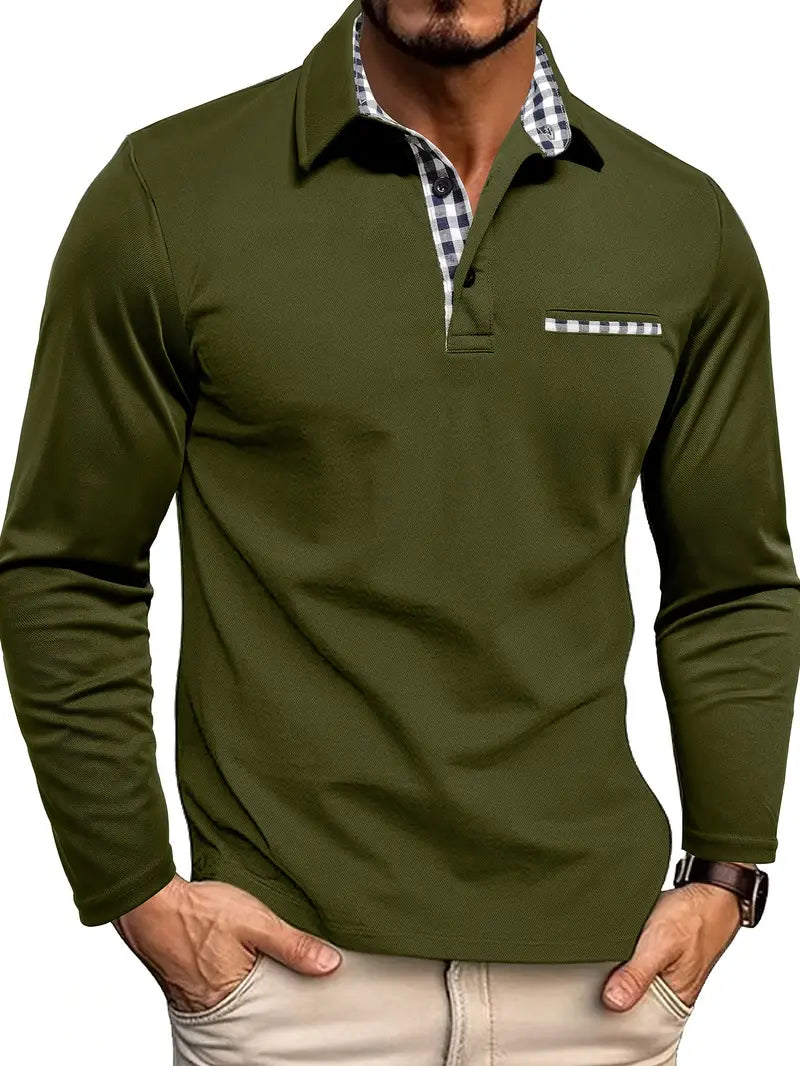 Men's Long Sleeve Polo Shirt with Plaid Collar and Chest Pocket