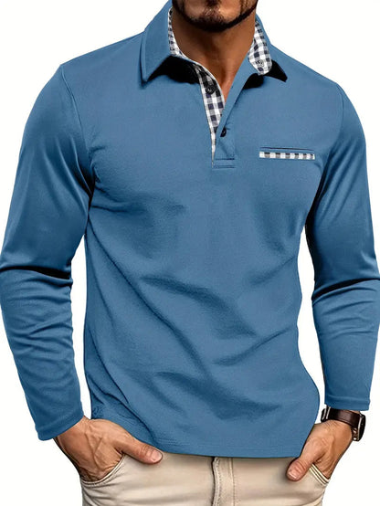 Men's Long Sleeve Polo Shirt with Plaid Collar and Chest Pocket