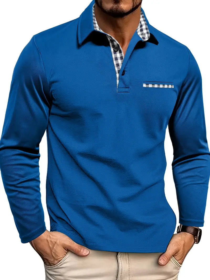 Men's Long Sleeve Polo Shirt with Plaid Collar and Chest Pocket