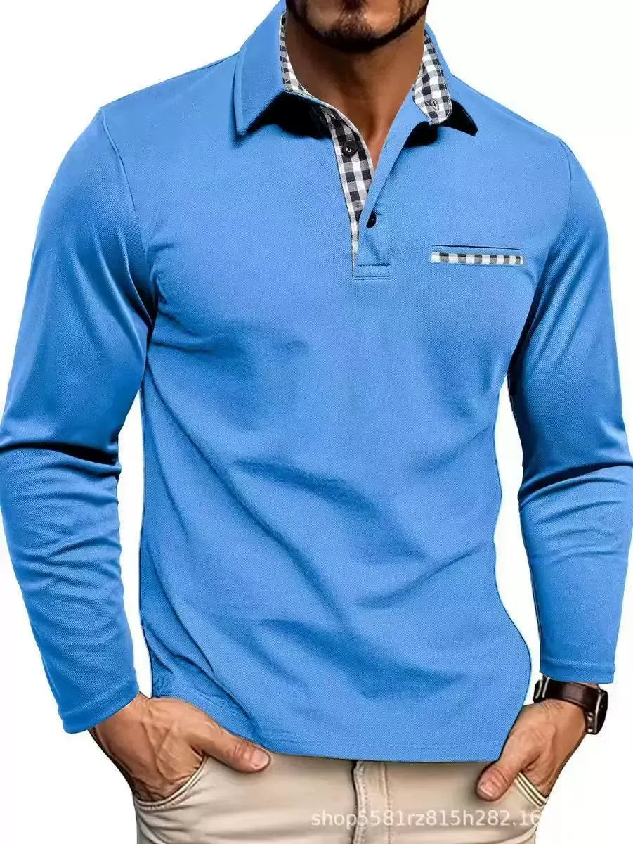 Men's Long Sleeve Polo Shirt with Plaid Collar and Chest Pocket