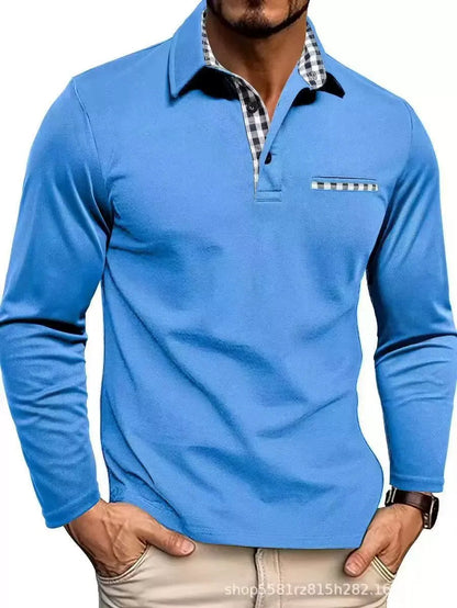 Men's Long Sleeve Polo Shirt with Plaid Collar and Chest Pocket