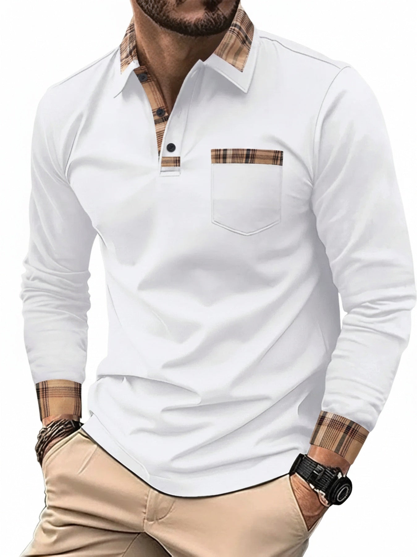Men's Long Sleeve Polo Shirt with Plaid Collar, Cuffs and Chest Pocket
