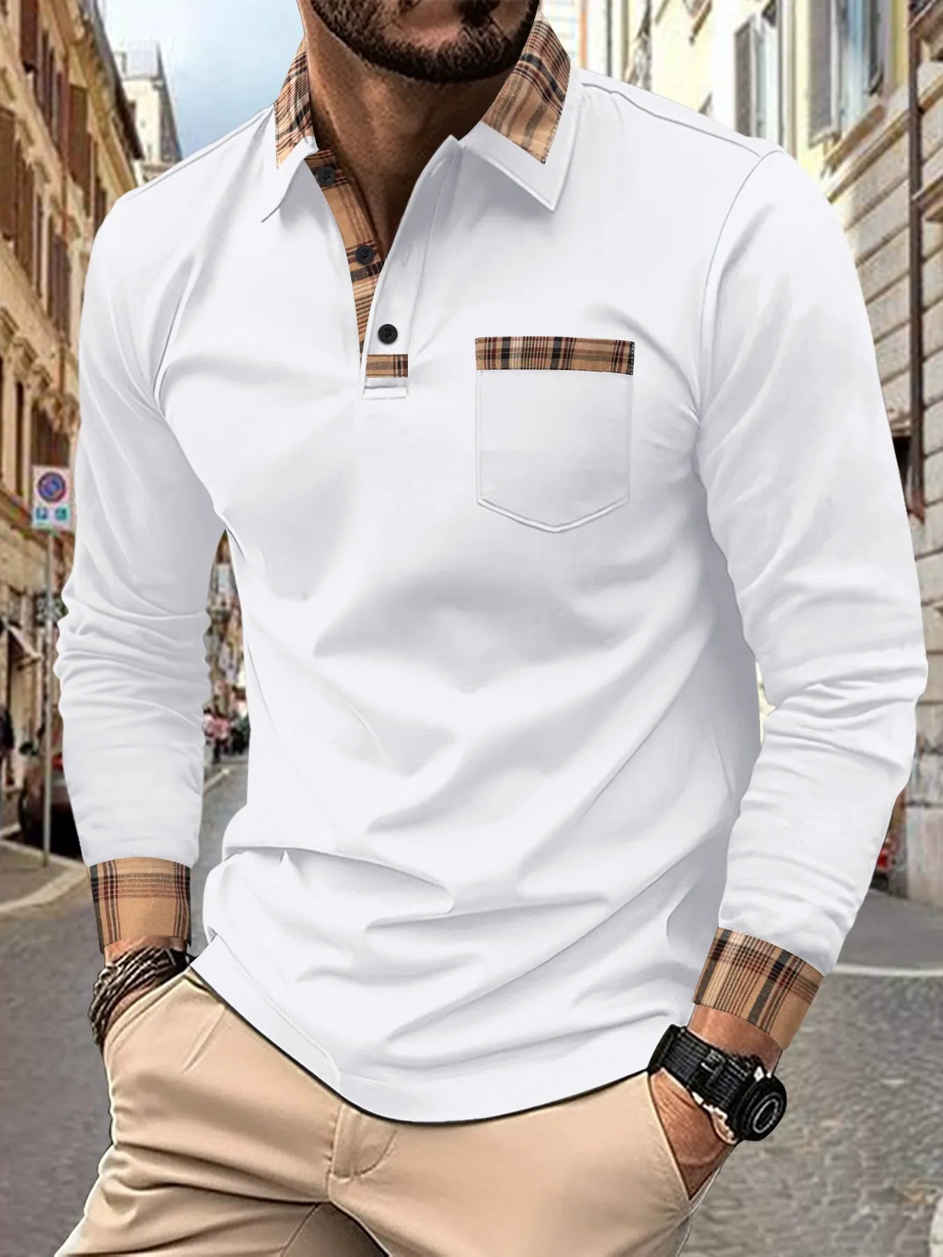 Men's Long Sleeve Polo Shirt with Plaid Collar, Cuffs and Chest Pocket