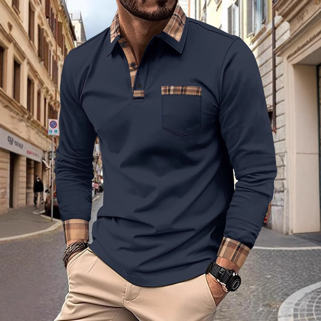 Men's Long Sleeve Polo Shirt with Plaid Collar, Cuffs and Chest Pocket