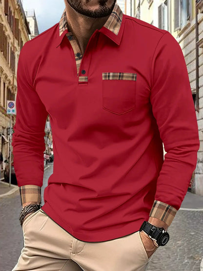 Men's Long Sleeve Polo Shirt with Plaid Collar, Cuffs and Chest Pocket
