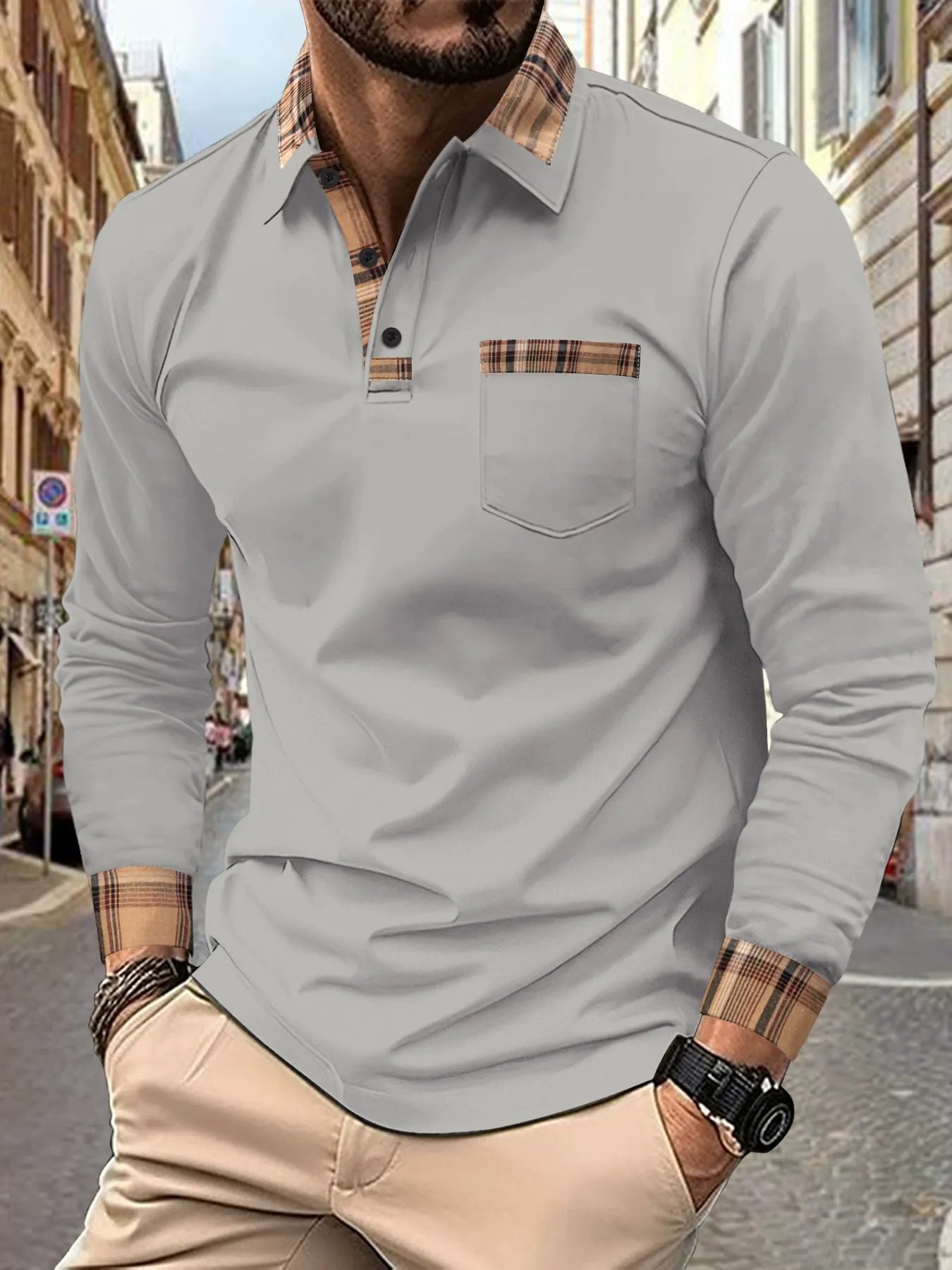 Men's Long Sleeve Polo Shirt with Plaid Collar, Cuffs and Chest Pocket