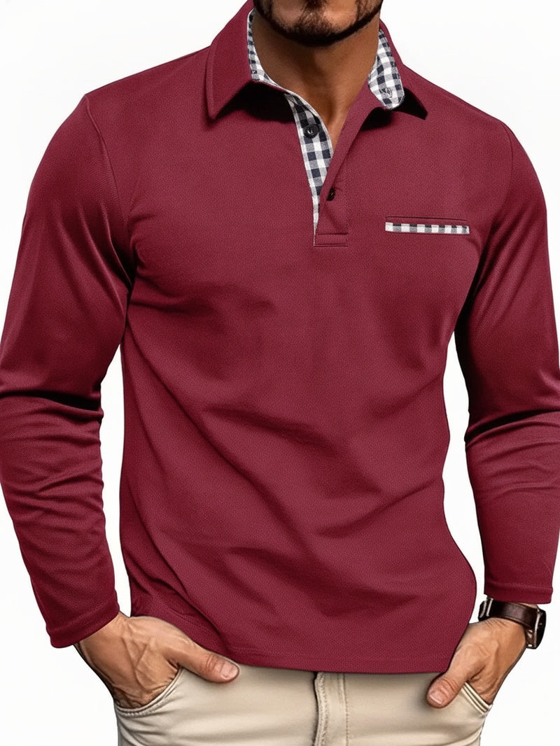 Men's Long Sleeve Polo Shirt with Plaid Collar Detail and Chest Pocket