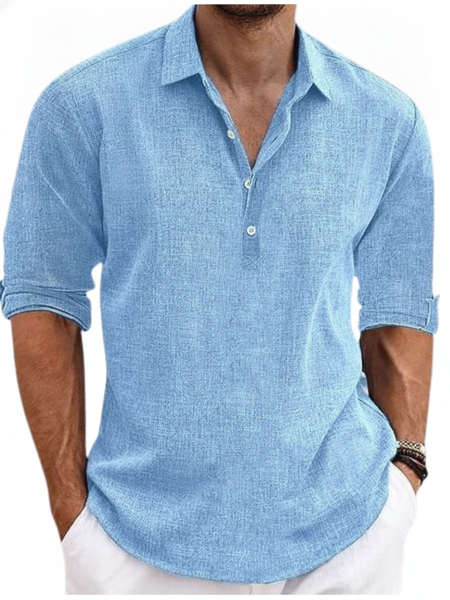 Men's Long Sleeve Polo Shirt with Spread Collar and Button Placket