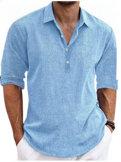 Men's Long Sleeve Polo Shirt with Spread Collar and Button Placket