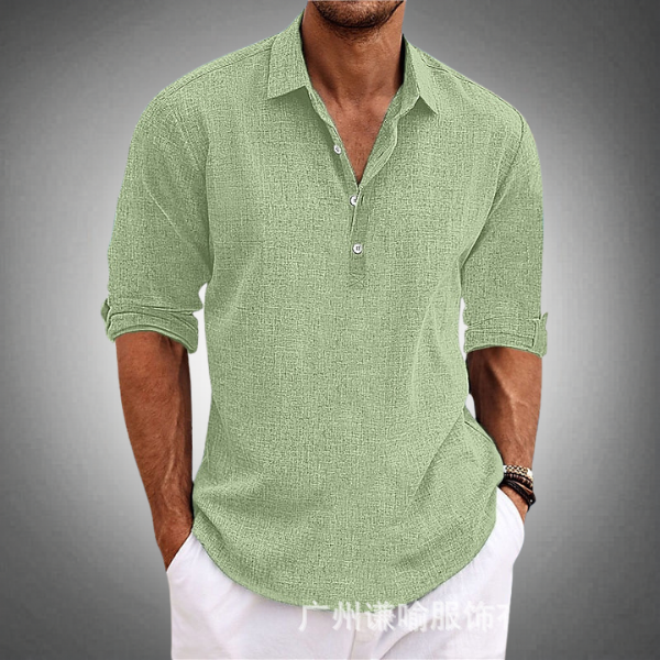 Men's Long Sleeve Polo Shirt with Spread Collar and Button Placket