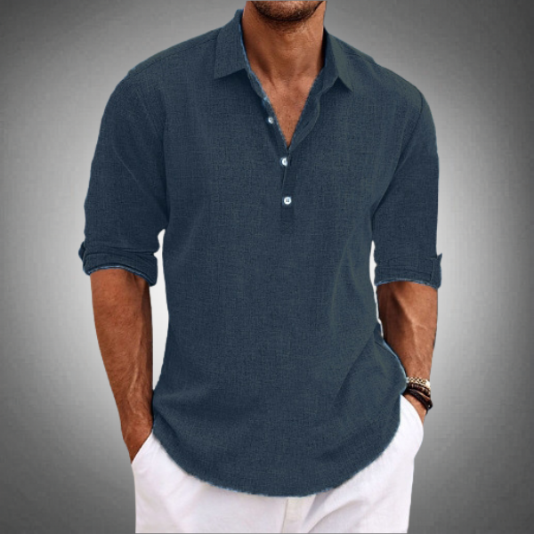 Men's Long Sleeve Polo Shirt with Spread Collar and Button Placket