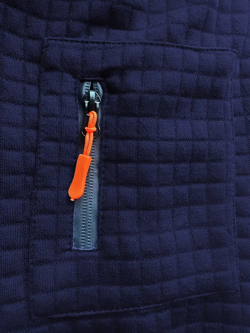 Men's Long Sleeve Polo Shirt with Waffle Texture and Sleeve Zip Pocket