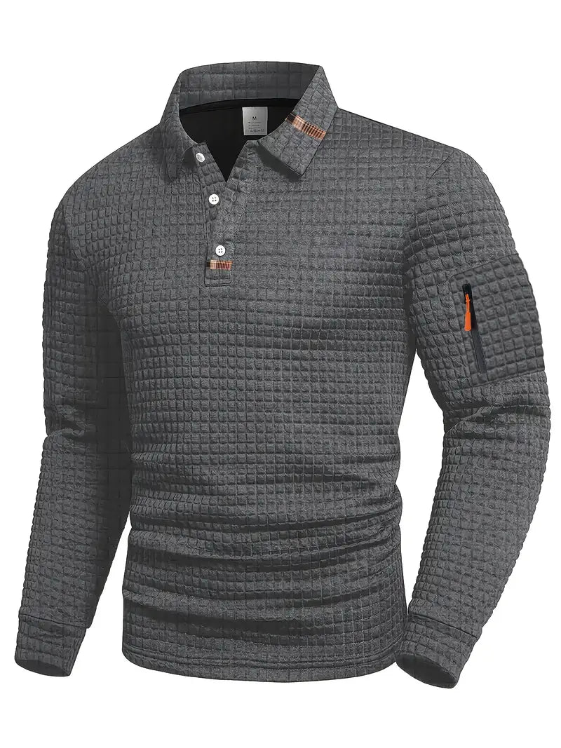 Men's Long Sleeve Polo Shirt with Waffle Texture and Sleeve Zip Pocket