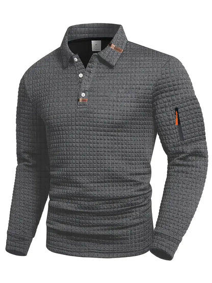Men's Long Sleeve Polo Shirt with Waffle Texture and Sleeve Zip Pocket