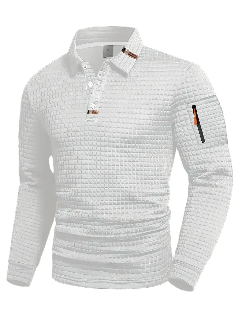 Men's Long Sleeve Polo Shirt with Waffle Texture and Sleeve Zip Pocket