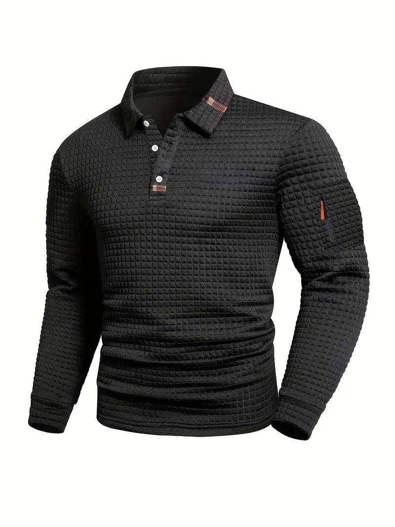 Men's Long Sleeve Polo Shirt with Waffle Texture and Sleeve Zip Pocket